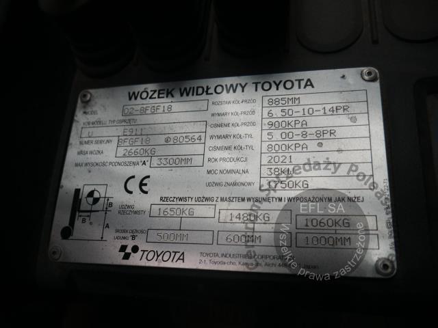 14 - WÓZEK WIDŁOWY TOYOTA 8FGF18 TONERO 18 2021r.