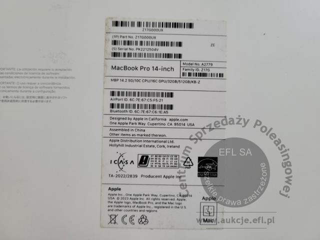 10 - Komputer przenośny Apple MacBook Pro 14  A2779